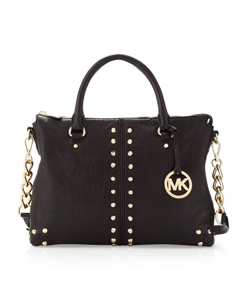 black michael kors 2012 shoulder bag tan straps|Michael Kors black studded handbag.